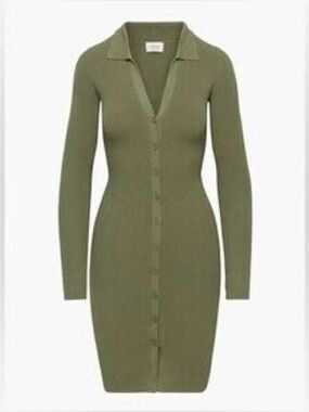 Aritzia Cove Olive Green Long Sleeve Button-Front Ribbed Dress
